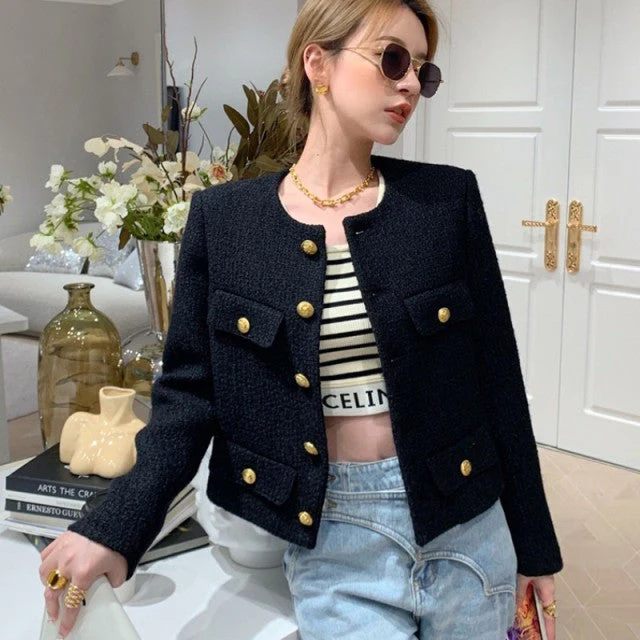 Hulianfu Small Fragrance Women Black Tweed Outerwear Autumn Winter Golden Button Blends Wool Female Long Sleeve Jacket Coat - Deanwangkt