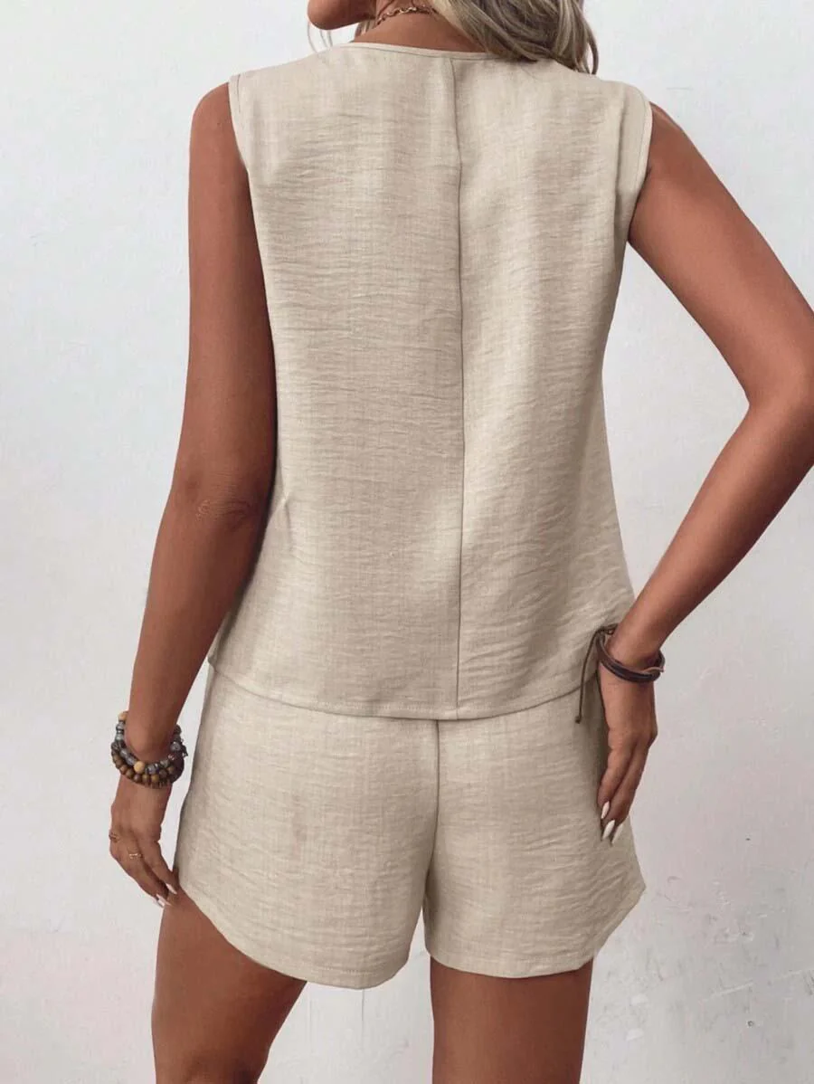 Khaki Plain Sleeveless Two Piece Set