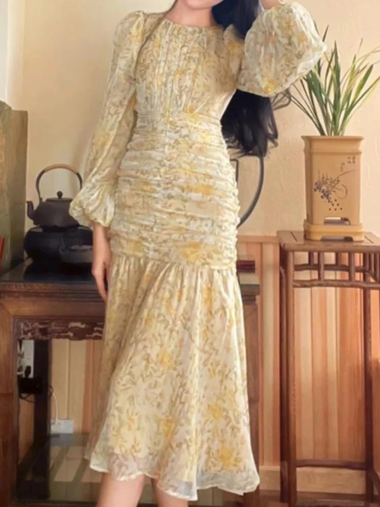Hulianfu Floral Print Lace Midi Dresses for Women Clothing Elegant Long Sleeve Folds Party Prom Female Beach Bodycon Dress Summer 2026 - Deanwangkt