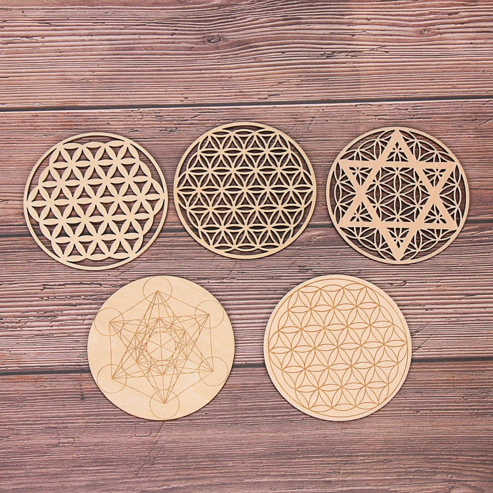 HULIANFU Log Color Chakra Pattern Round Edge Circles Carved Wooden Stand Coaster Flower of life Reload Stone Kitchen Hot Pad Mat Decor - Deanwangkt