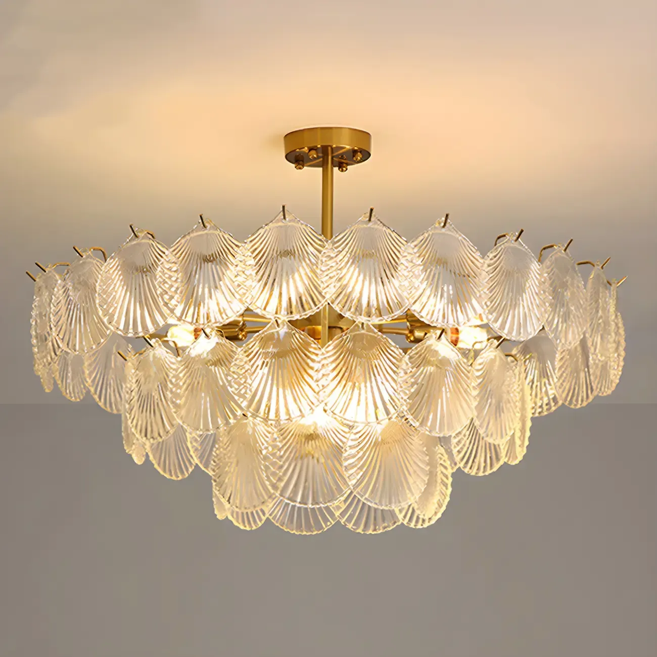 Adjustable Elegant Gold Unique Layered Scallop Glass Chandelier