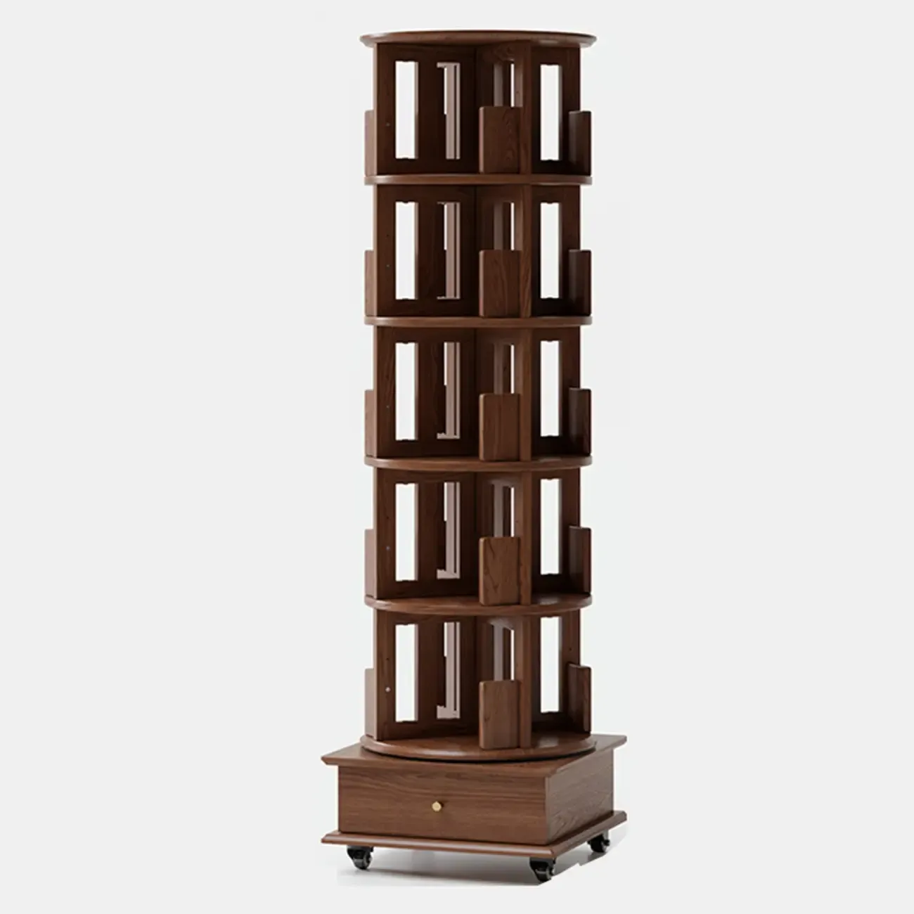 Narrow Cherry Wood Vertical 6 Shelf Rotating Bookshelf