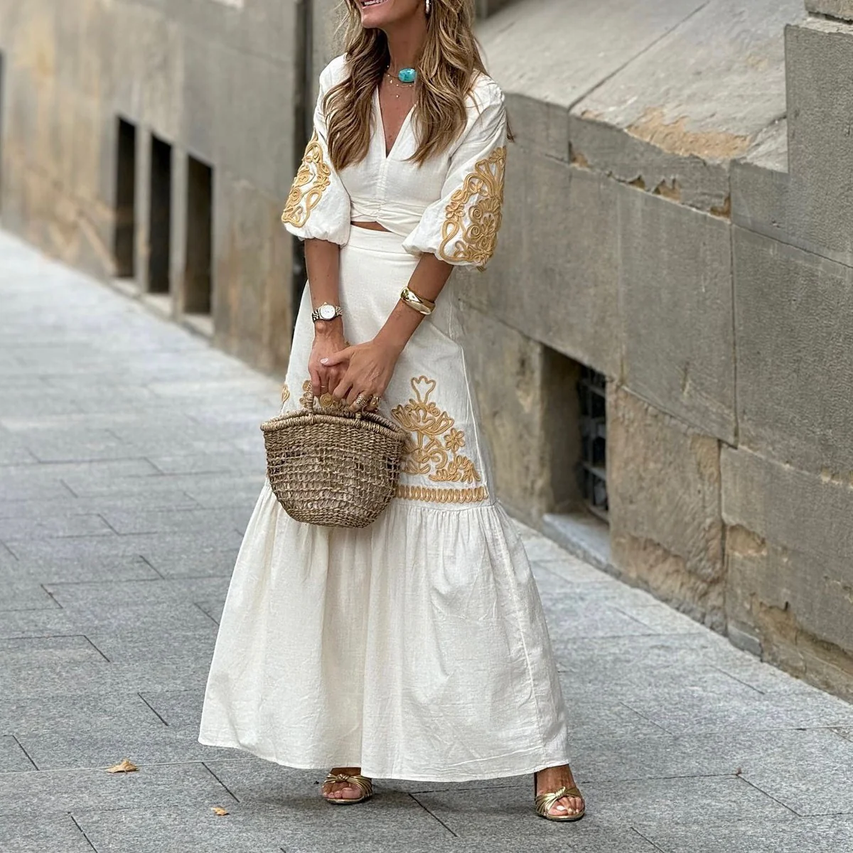 Unique Ivory V-Neck Embroidery Two Piece Maxi Dress