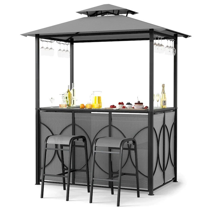 Costway 6.5 x 4 x 8 FT Grill Gazebo Set with 2 Bar Stools, Tempered - See Details