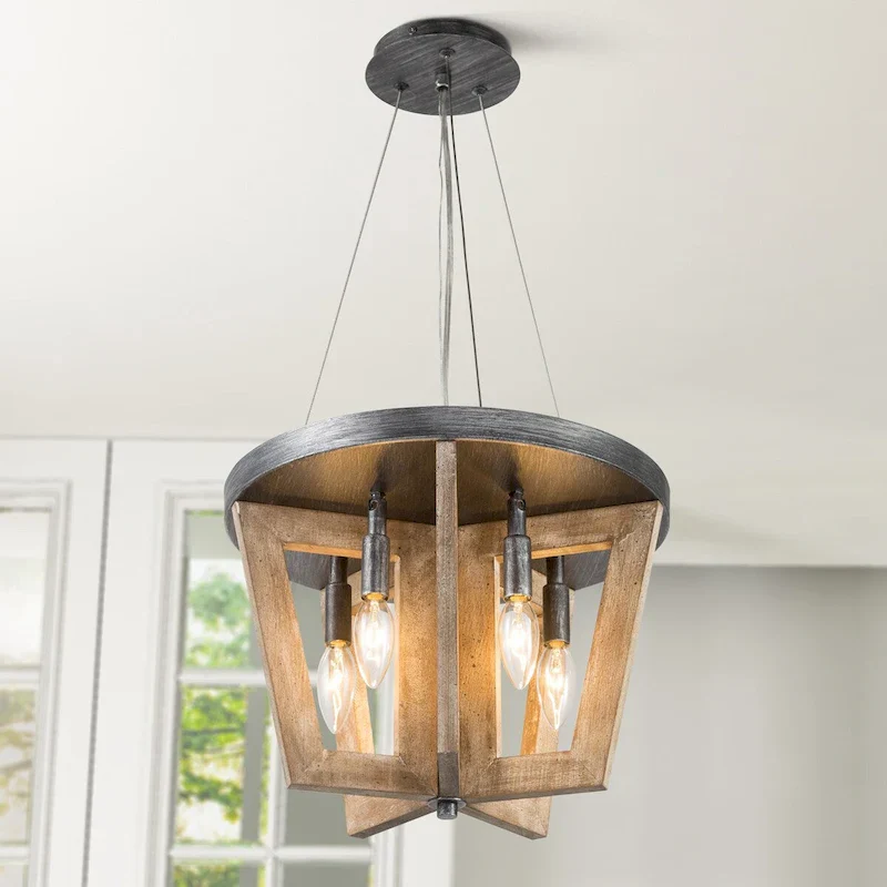 Farmhouse 5-light Wooden Chandelier Cage Semi-flush Mount Lights for Dining Room - D 14  x H 74