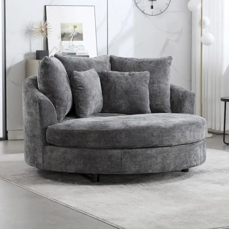 Modern Sofa Chair Round Accent Barrel Chair With 5 Pillows and Optional Ottoman