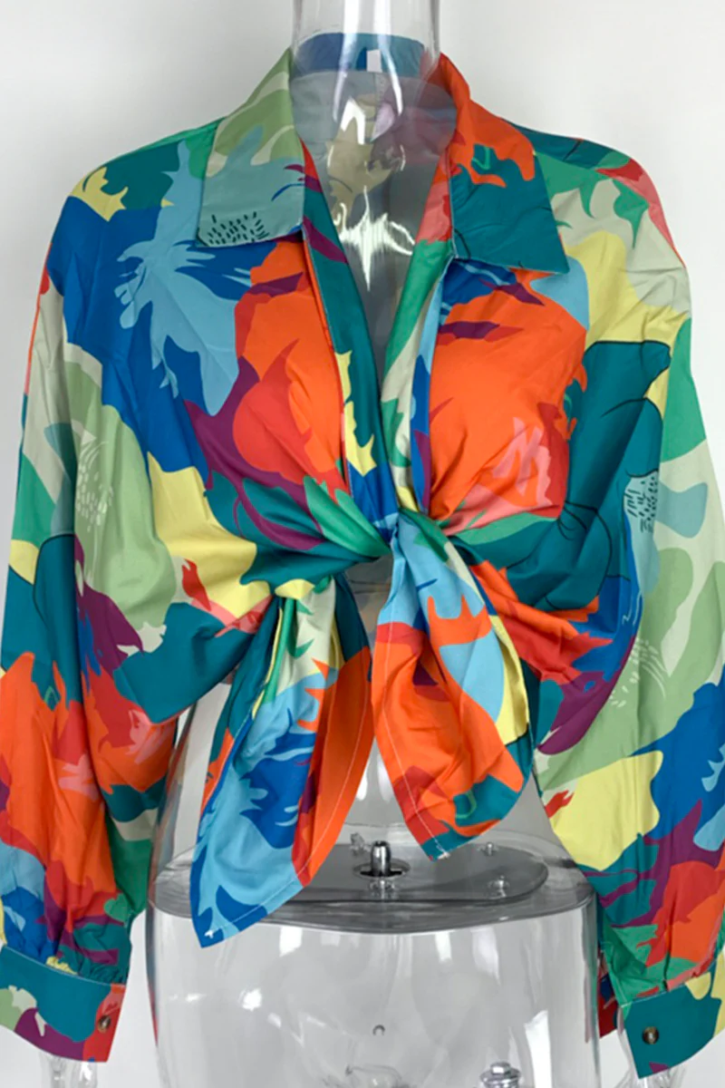 hulianfu Casual Print Patchwork Turndown Collar Blouses(4 Colors) - Deanwangkt