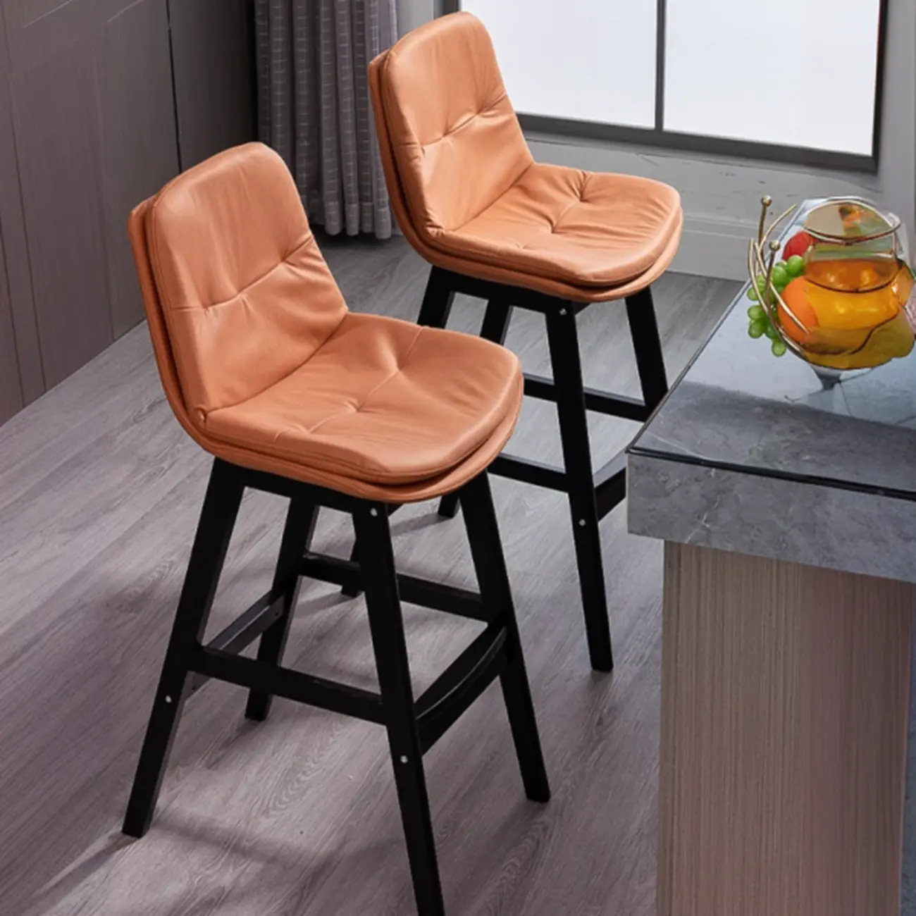 Scandinavian Wood Frame Leather Ergonomic Bucket Bar Stool