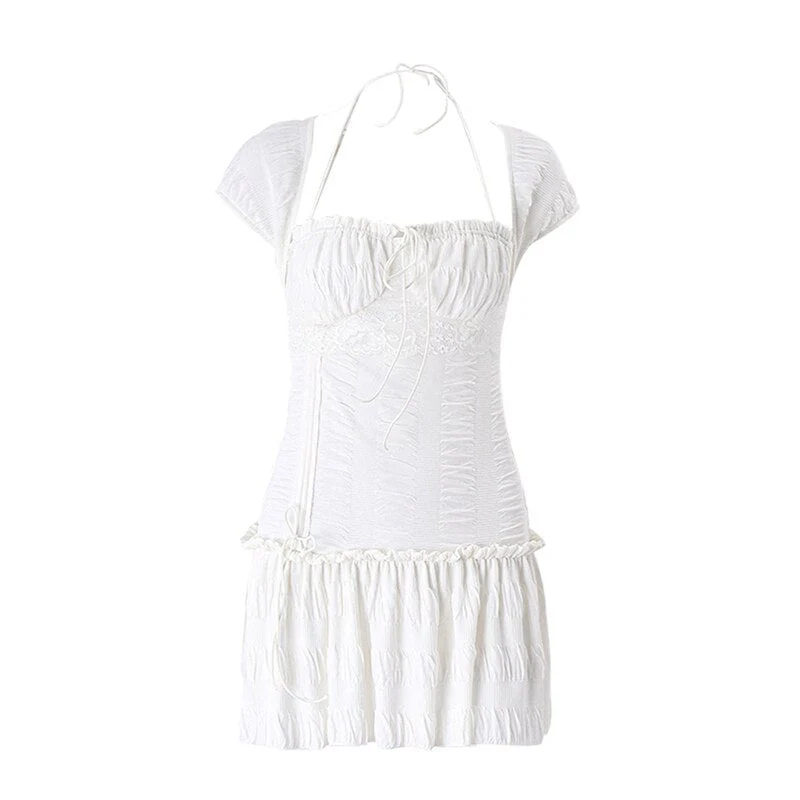 Hulianfu y2k Aesthetic Grunge Fairy Core Dress Summer Clothes for Women Short Sleeve Halter Mini Dresses Kawaii Sweet 2000s Ruffles Dress - Deanwangkt