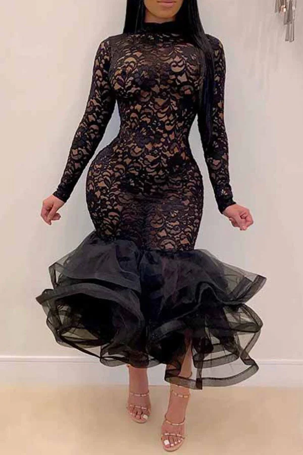 hulianfu Floral Lace Elegant See-Through Midi Dress - Deanwangkt
