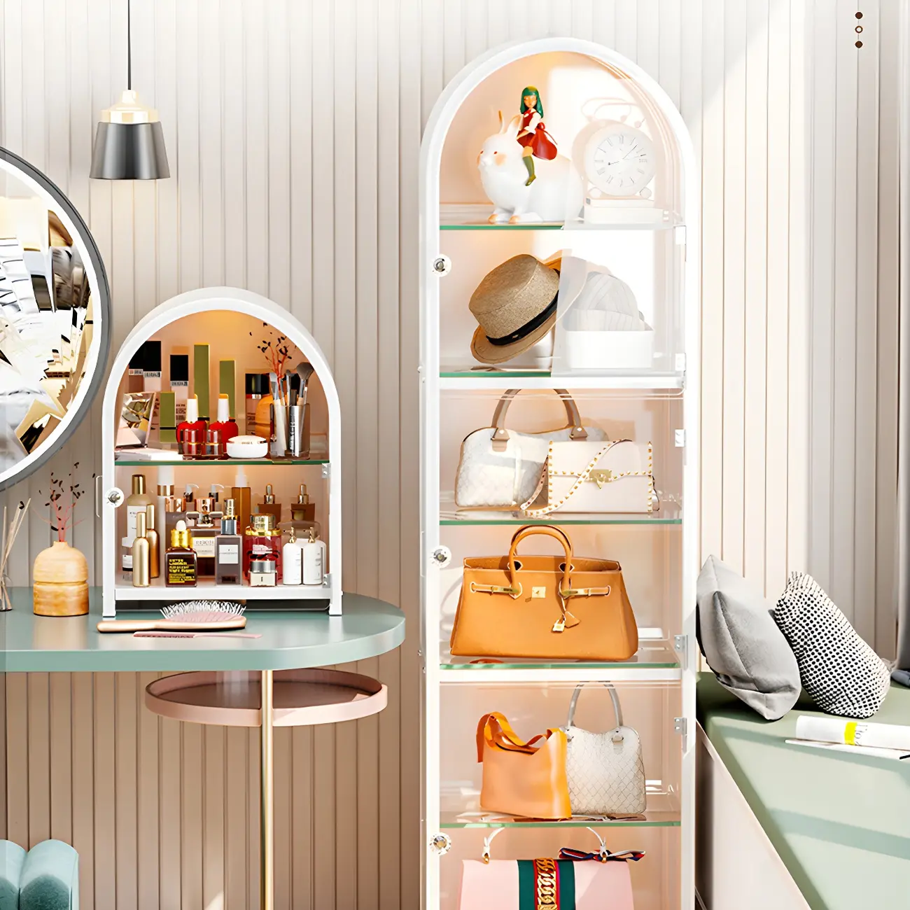 Adjustable Steel Arch Glass Shelf Display Cabinet with Light