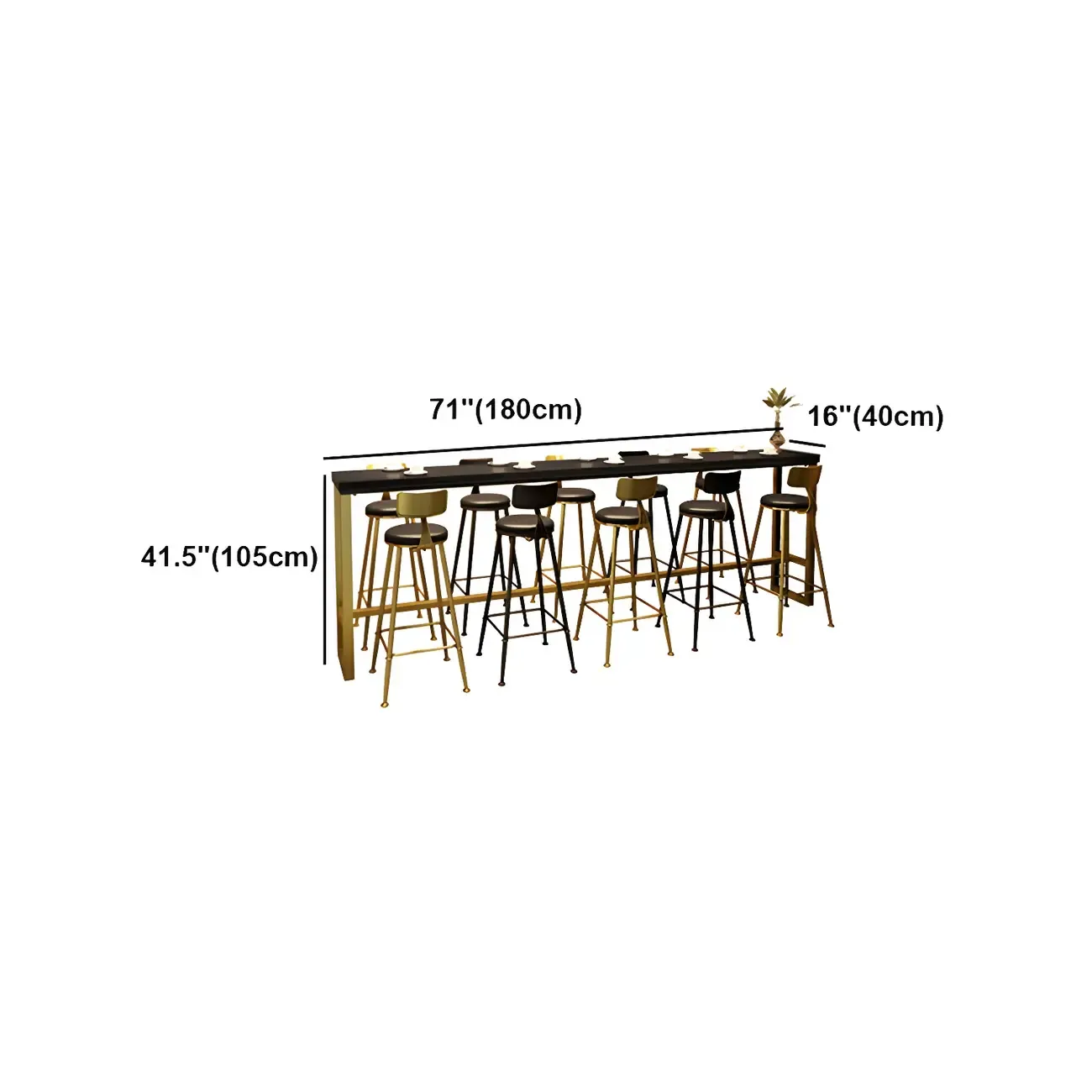 Black Gold Glam Metal Pine Wood Bar Tables with Footrest