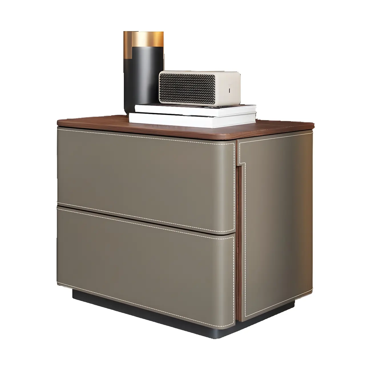 Modern Faux Leather Wood Top Drawers Nightstand