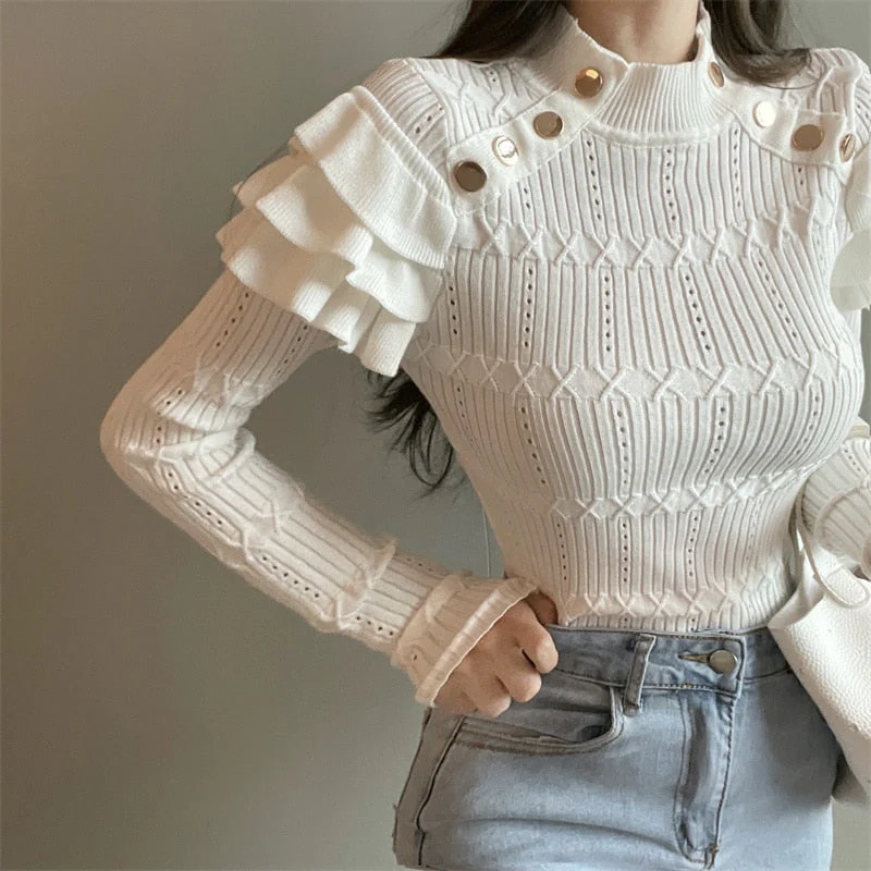 Hulianfu Full Sleeve Turtleneck Buttons Sweater Jumpers Girls Stretchy Chic Ruffles Autumn Spring Sweaters Pullovers Tops Women - Deanwangkt