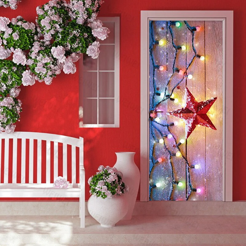 HULIANFU 2026  Christmas Light Red Five-Pointed Star Wallpaper Pvc Self-Adhesive Waterproof Mural Picture 3D Restaurant Door Stickers Christmas - Deanwangkt