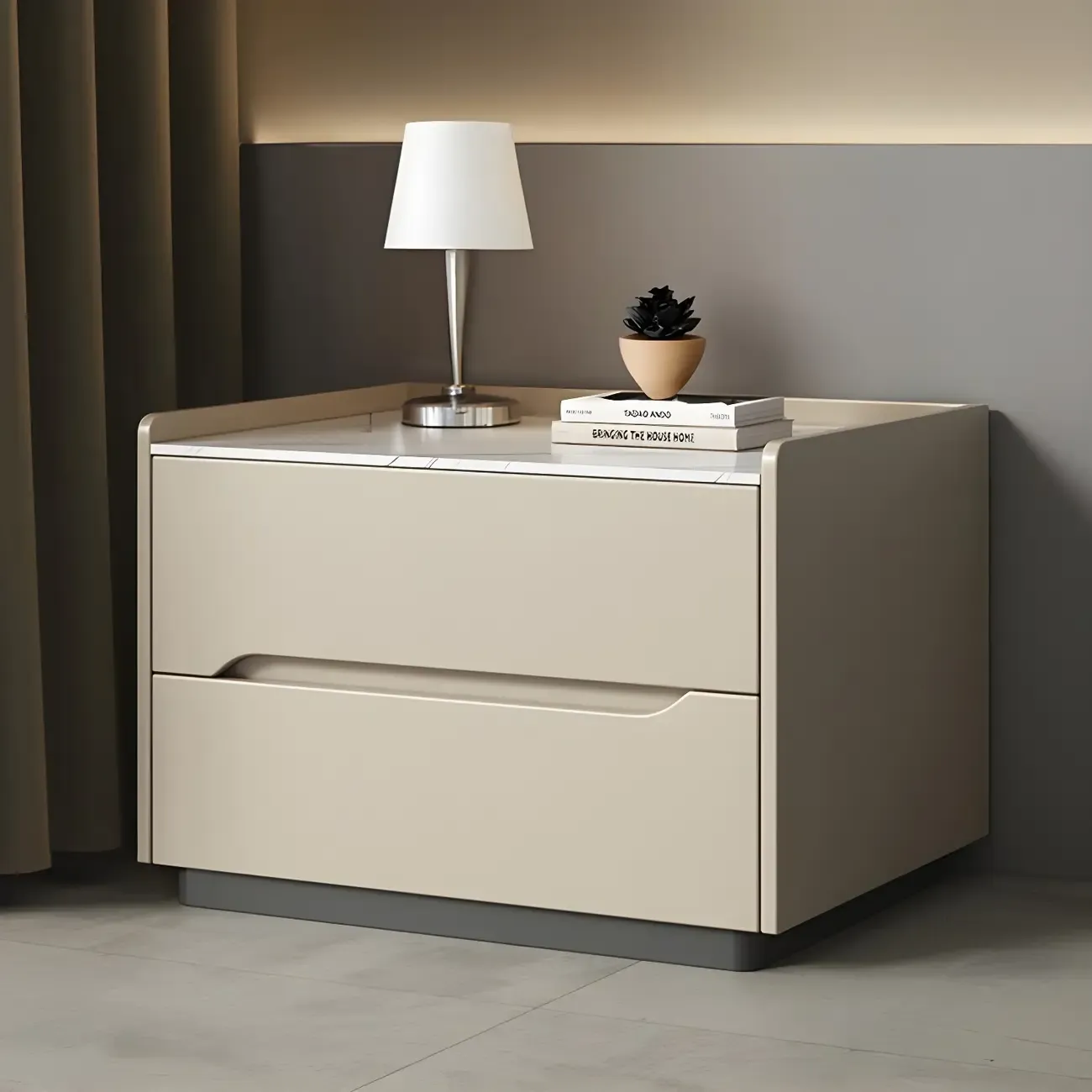 Modern Khaki Leather Stone Top 2-Drawer Nightstand