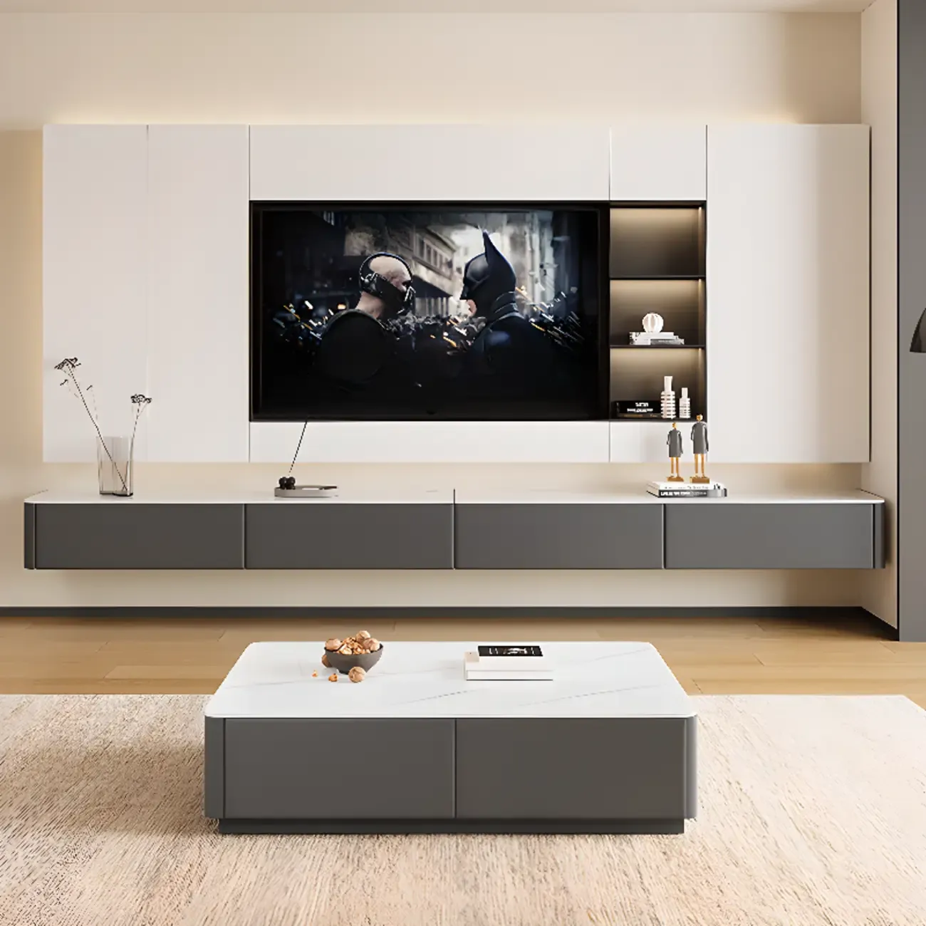 Stone Modern TV Stand with Drawers and Cable Management