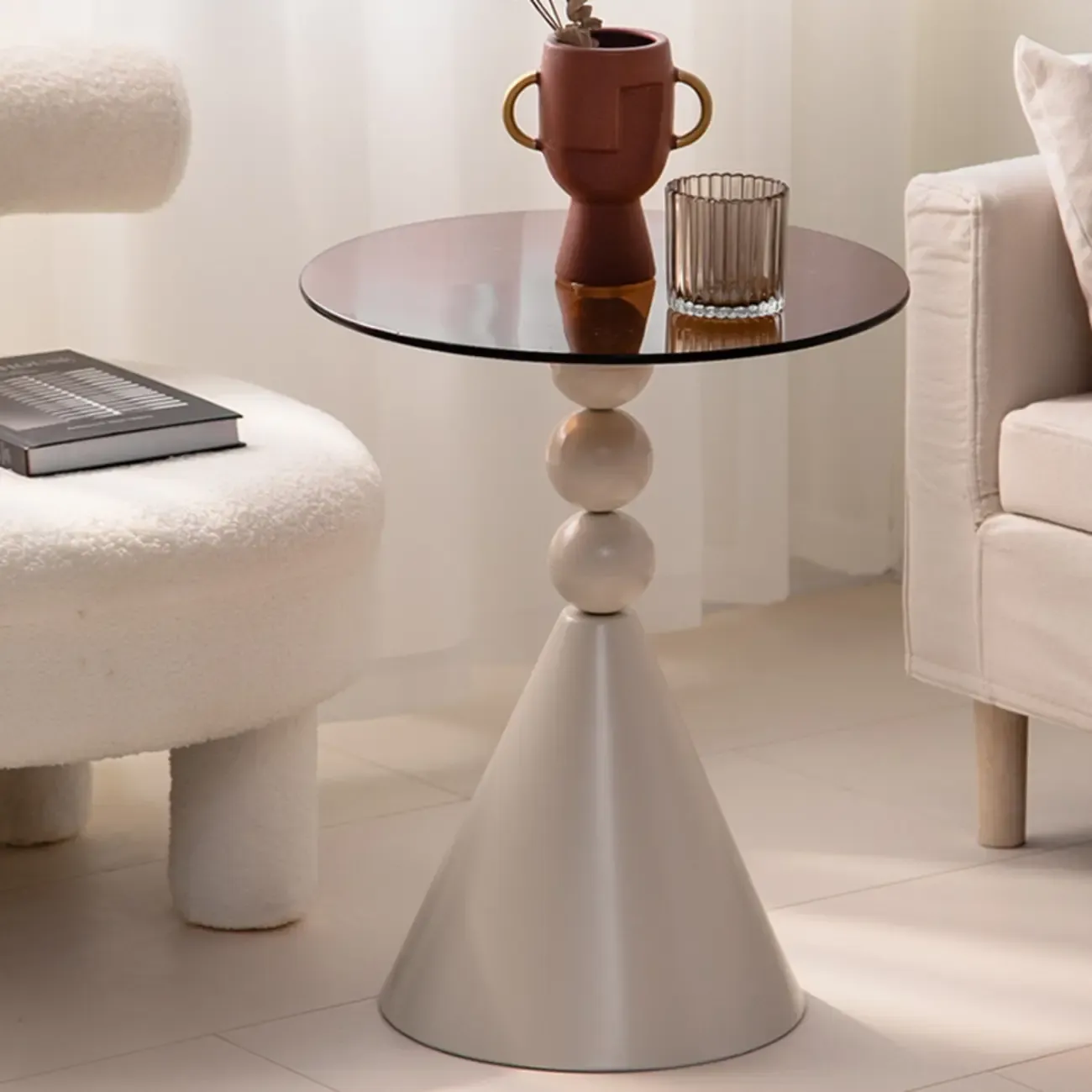 Elegant Glass Round End Table with Iron Pedestal Base