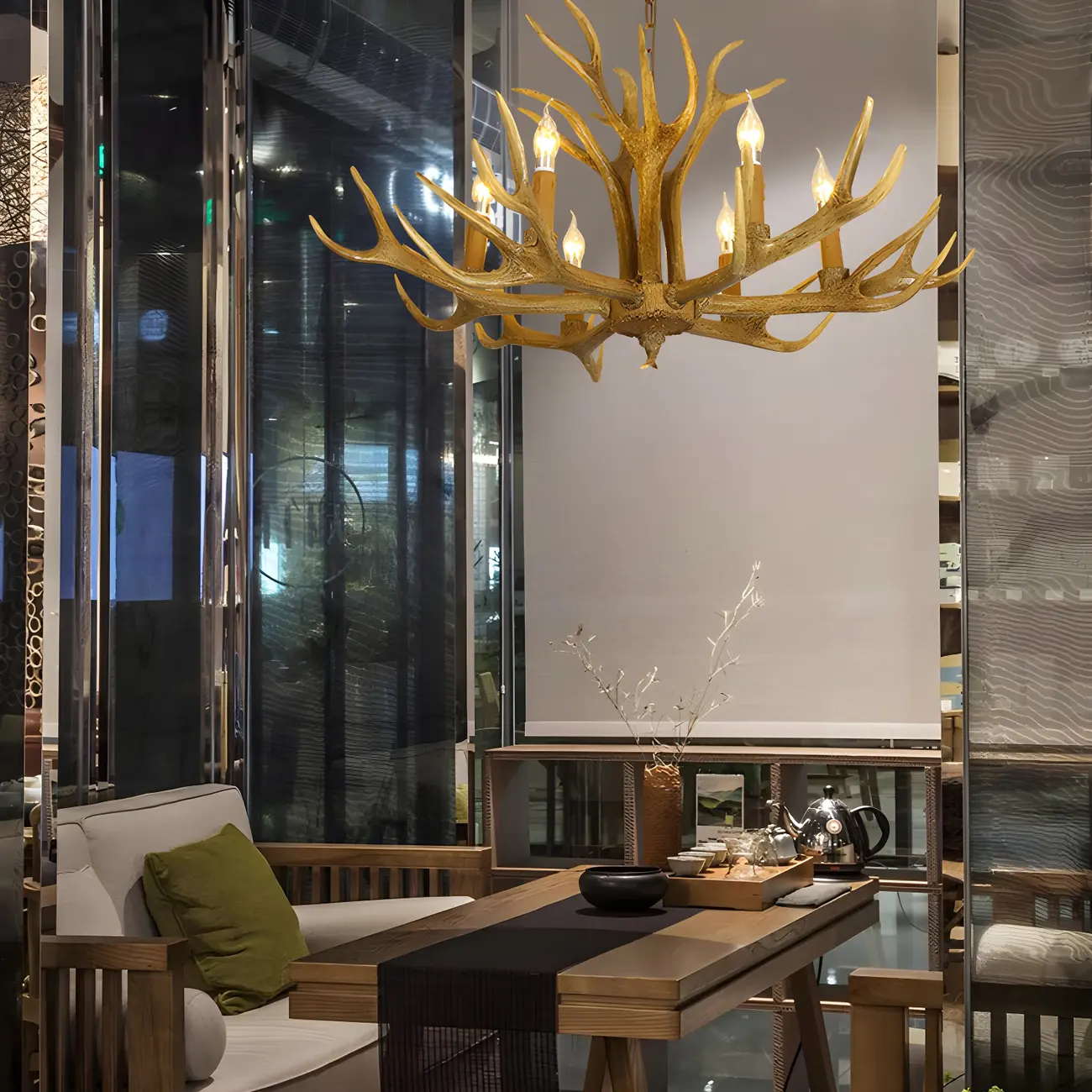 Gold Antler Shape Resin Rustic Chandelier Lighting