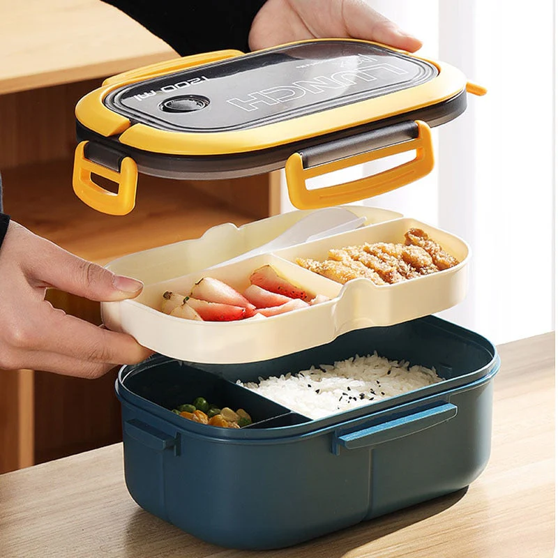 HULIANFU Portable Hermetic Lunch Box 2 Layer Grid Children Student Bento Box with Fork Spoon Leakproof Microwavable Prevent Odor School - Deanwangkt