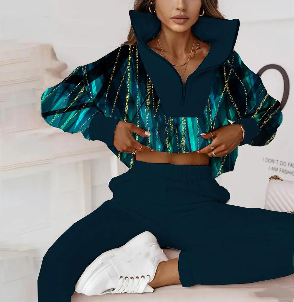 Vintage Blue Zip V-Neck Two Piece Set