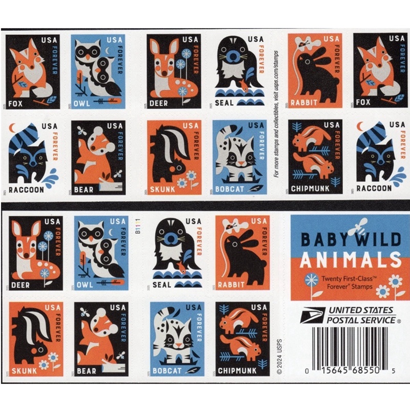 Baby Wild Animals 2025, (Book of 20) - TWENTYSTAMPS
