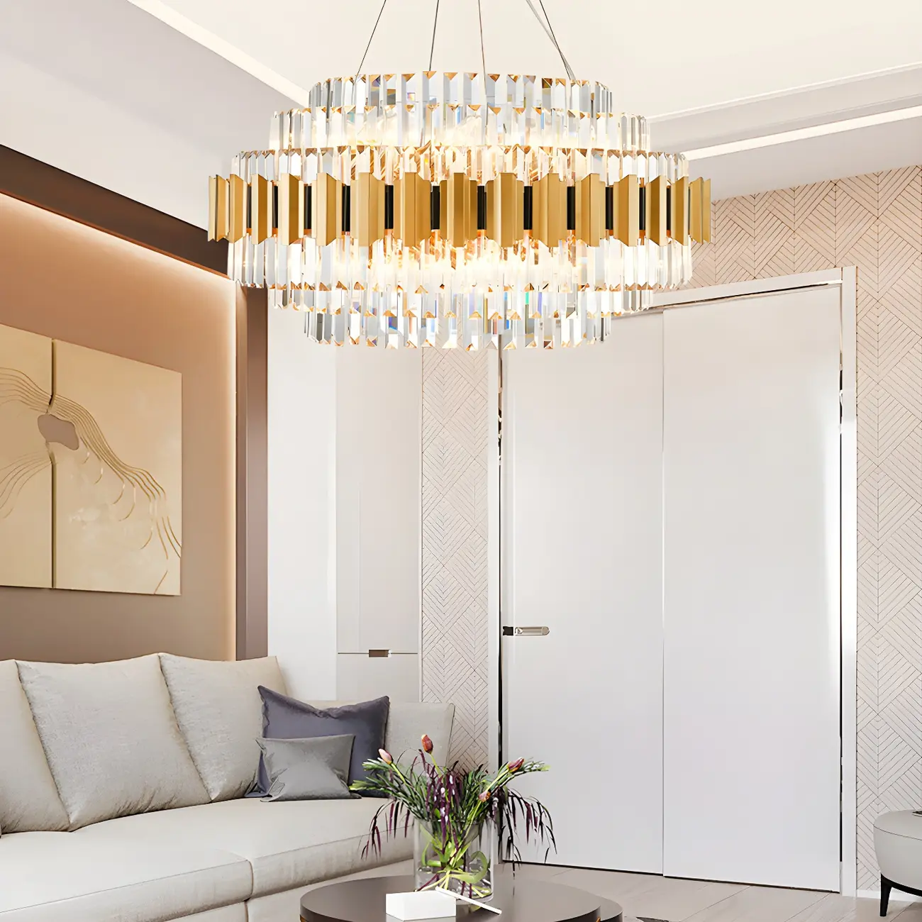 Modern Living Room Gold Crystal Clear Pendant Layered Chandelier