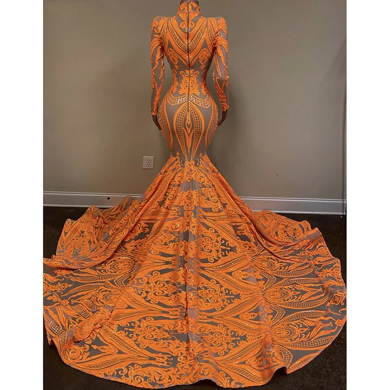 Hulianfu Orange Mermaid Evening Gowns  Party Dress For Womens Blingbling Applique Long Sleeves Occasion Gown Robe De Soir¨¦e - Deanwangkt