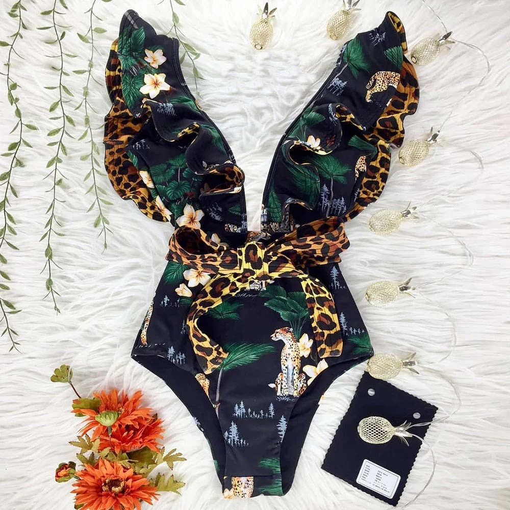 New Sexy Ruffle Print Floral One Piece Swimsuit Off The Shoulder Swimwear Women Solid Deep-V Beachwear Bathing Suit Monkini - Deanwangkt