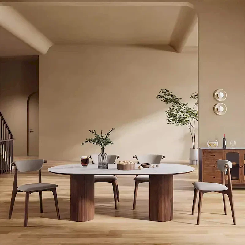 71 Modern Rectangular Dining Table with Stone Table-top, Wood Legs