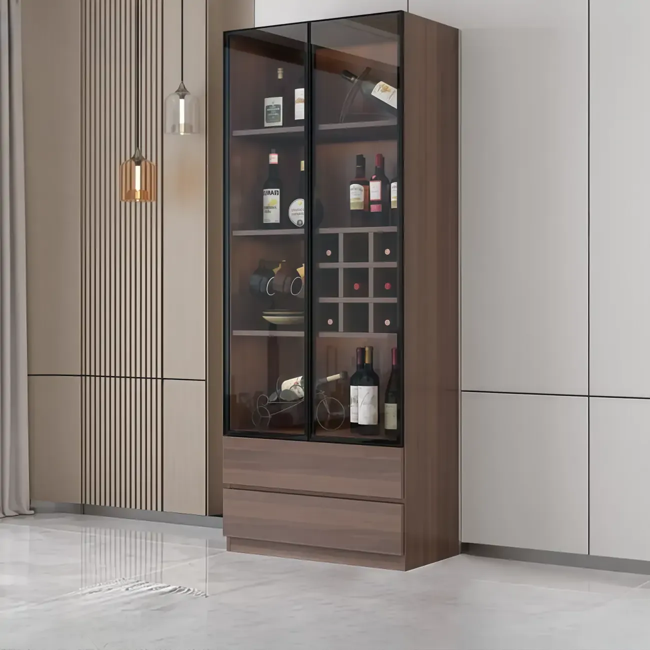 Traditional Wooden Brown Floor Wine Cabinet with Doors