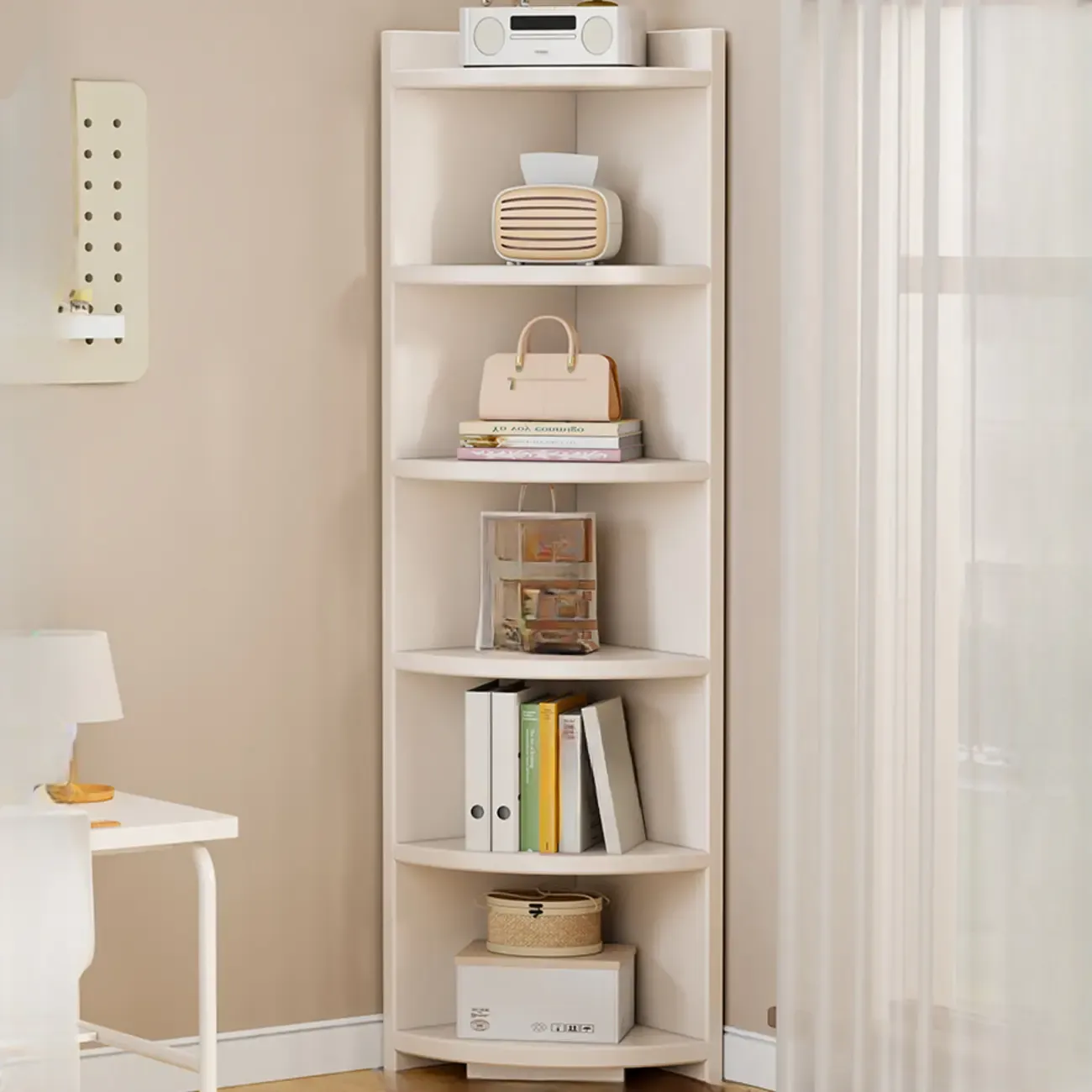 Space-saving White Engineered Wood Corner BookShelf