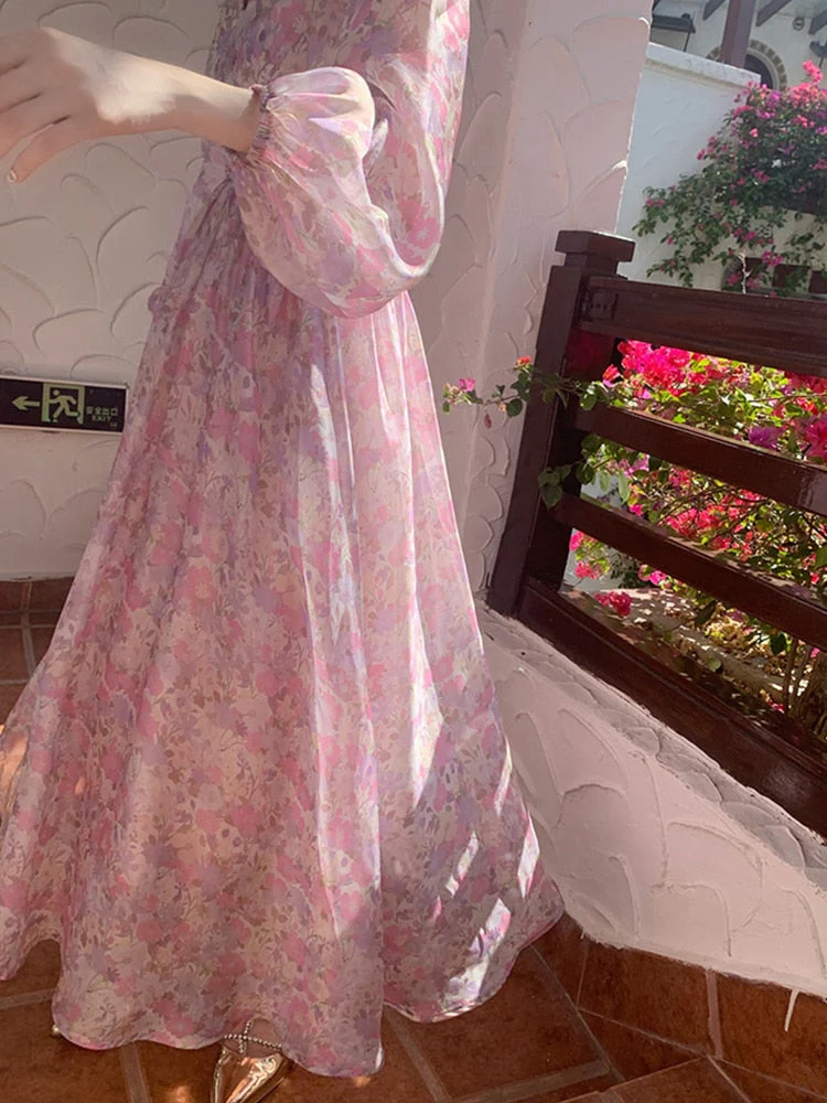 Hulianfu Vintage Long Sleeve One Piece Chiffon Dress for Women Fairy Elegnat French Floral Party Midi Dresses Evening Korean Summer - Deanwangkt