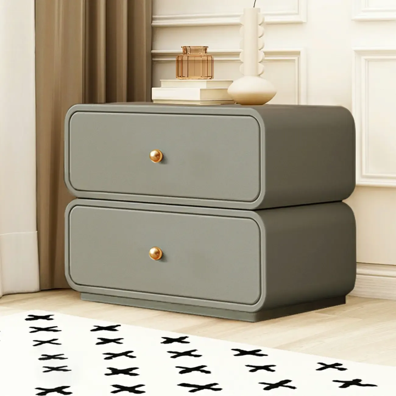 Modern White Faux Leather Rounded 2-Drawer Nightstand