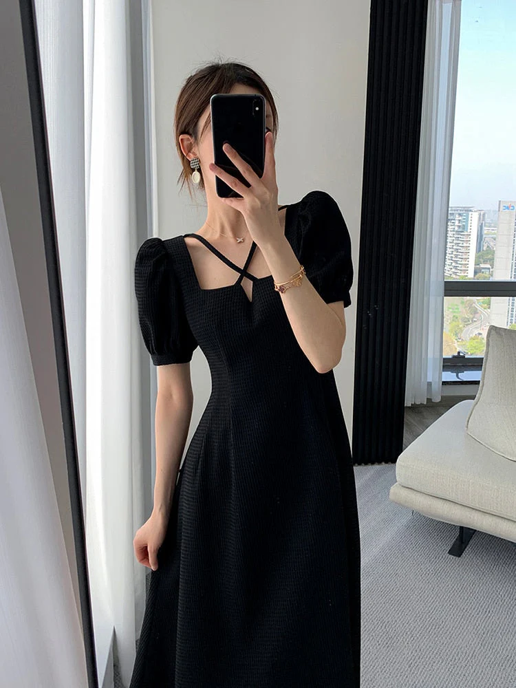 Hulianfu Summer Women Fashion Elegant Casual Solid Puff Sleeve Midi Dresses Evening Office Lady Female A Line Clothes Vestdios Black - Deanwangkt