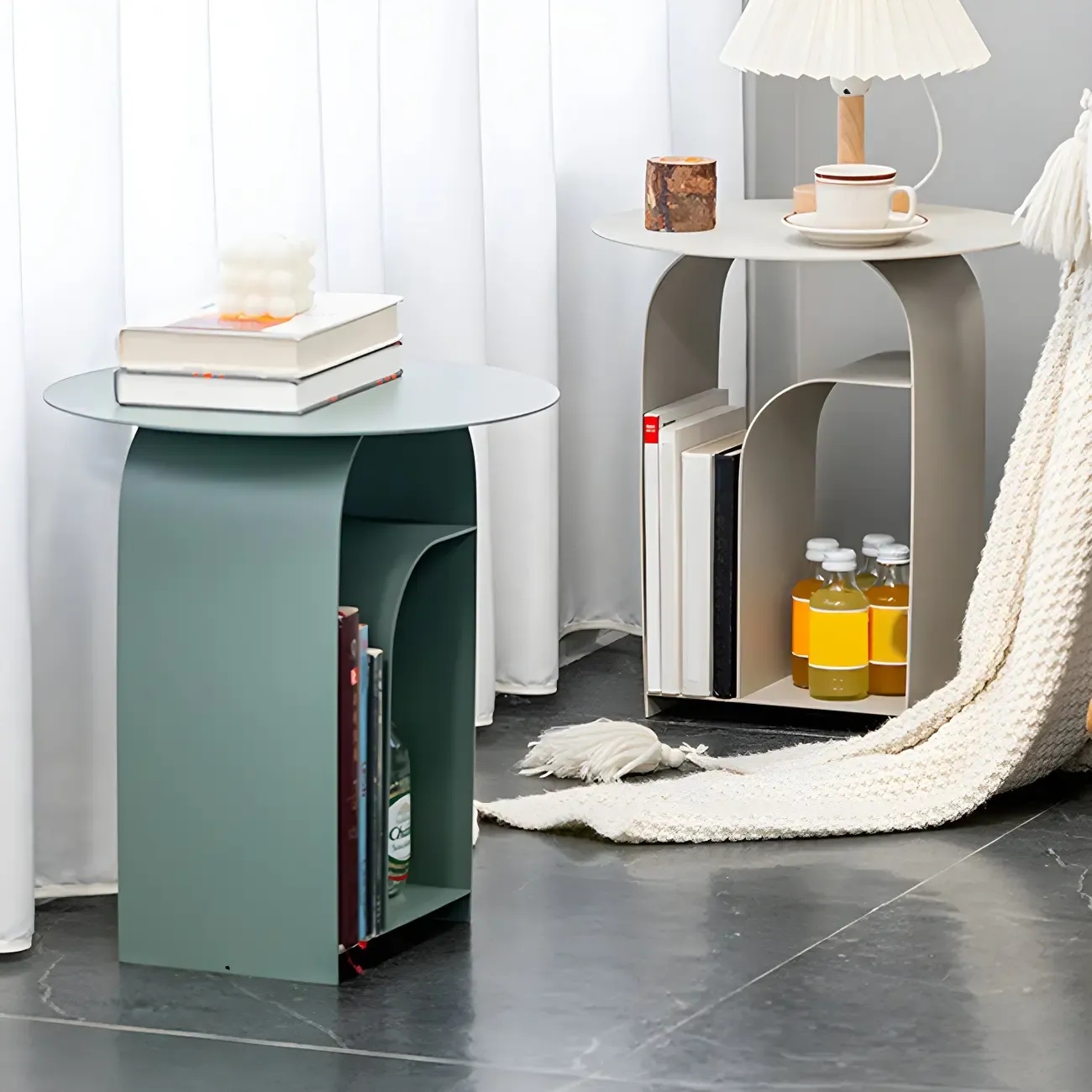 Industrial Narrow White Metal Bedside Table with Round Top