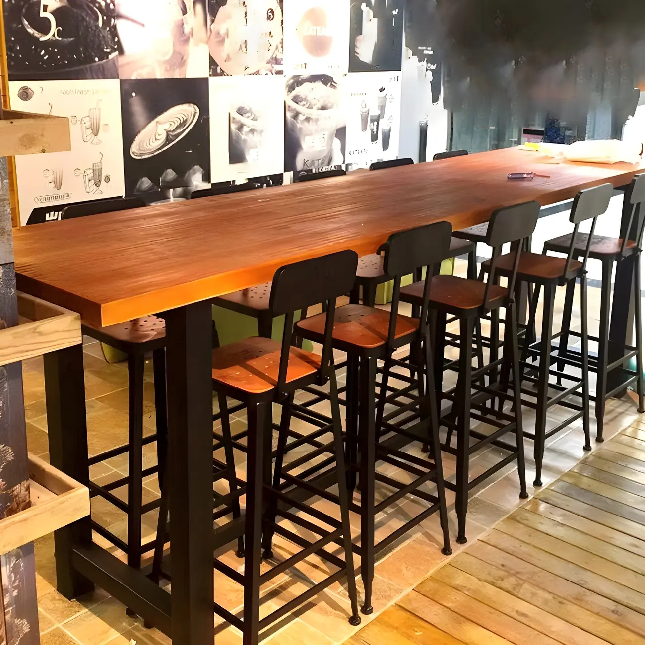 Rectangular Brown Wooden Long Bar Height Table