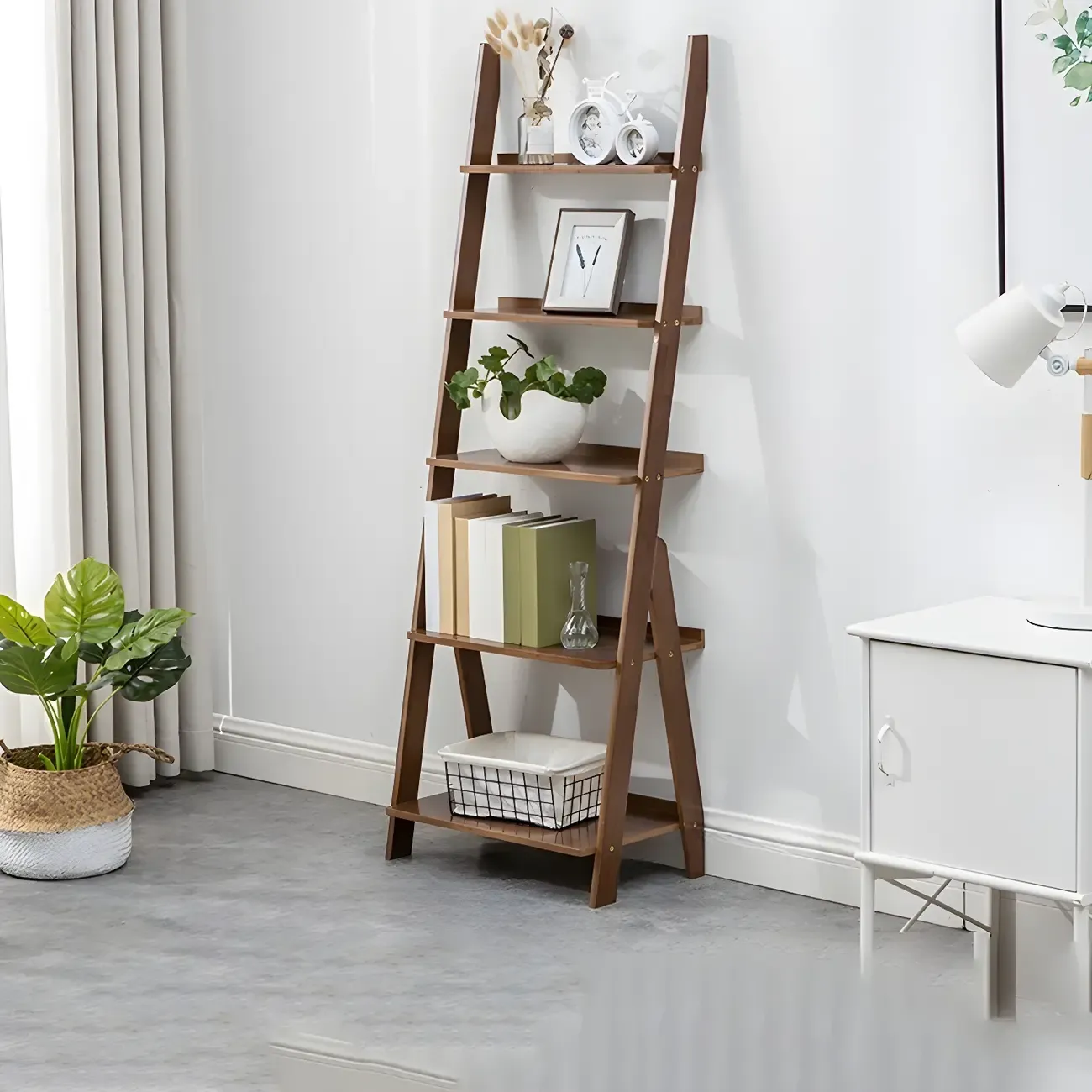 Solid Wood 5-Tier Open Back Ladder Bookshelf