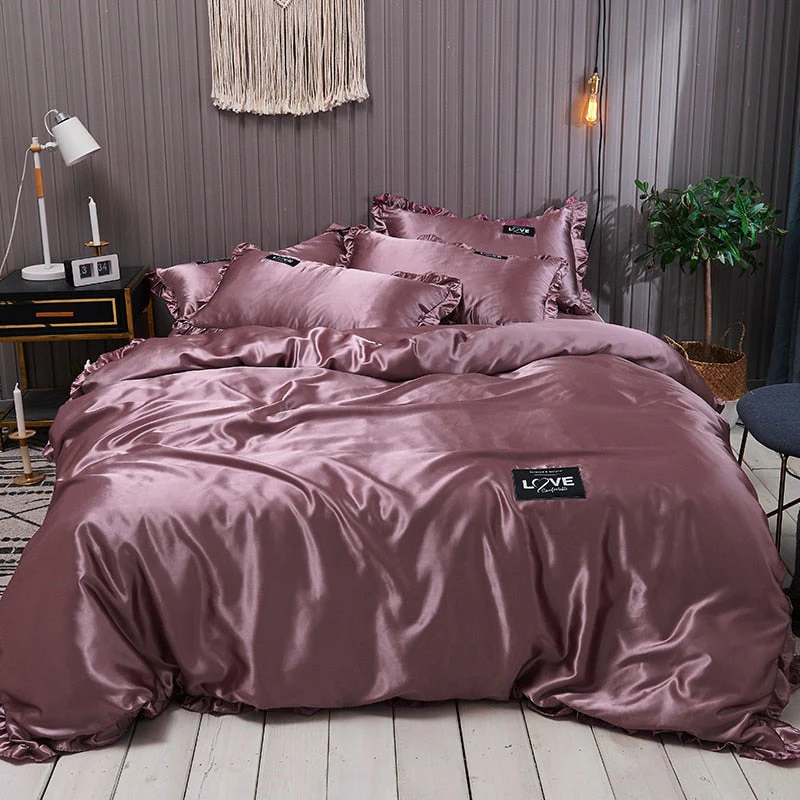 HULIANFU Pure Satin Silk Bedding Set Lace Luxury Duvet Cover Set Single Double Queen King Size 240x220 Couple Quilt Covers White Gray Red - Deanwangkt