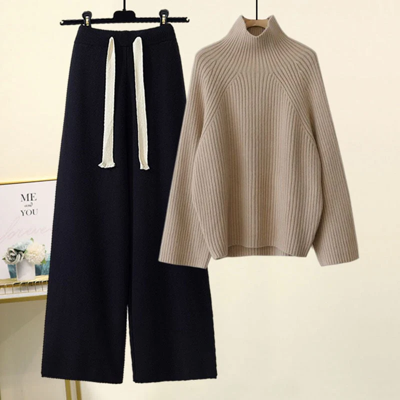 Hulianfu Autumn Winter Warm Knitted Suit Women Long Sleeve Half Turtleneck Knitting Sweater And Wide Leg Pants Sets Outer Wear Loose Set - Deanwangkt