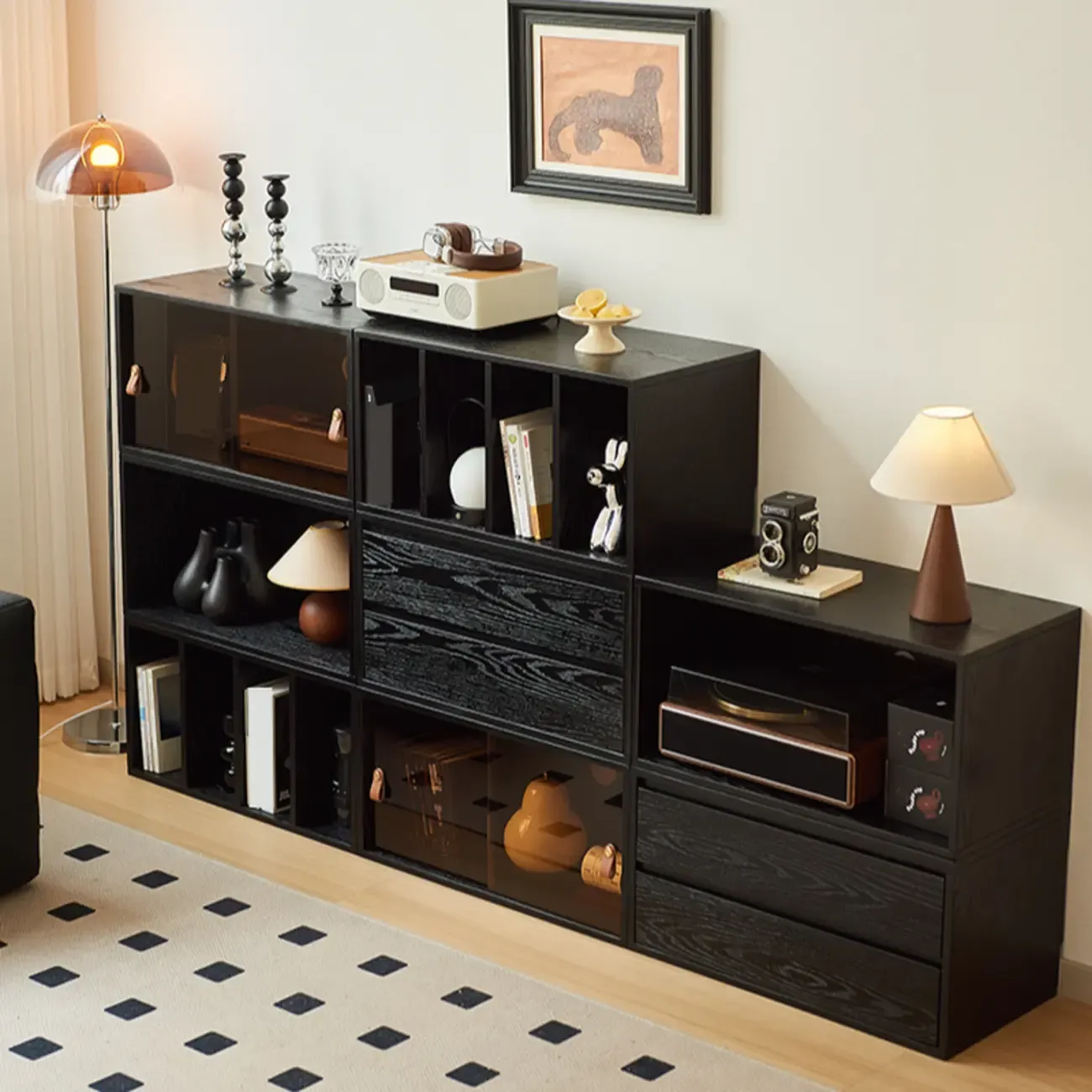 Scandinavian Versatile Black Short Glass Wood Bookcase