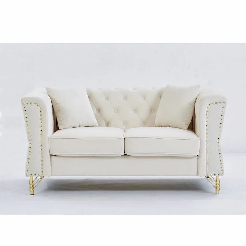 Beige 60.2 Velvet 2 Seater Sofa Couch with Metal Feet, 2 Pillows, Nailhead Trim, Solid Wood Frame and Foam Padding