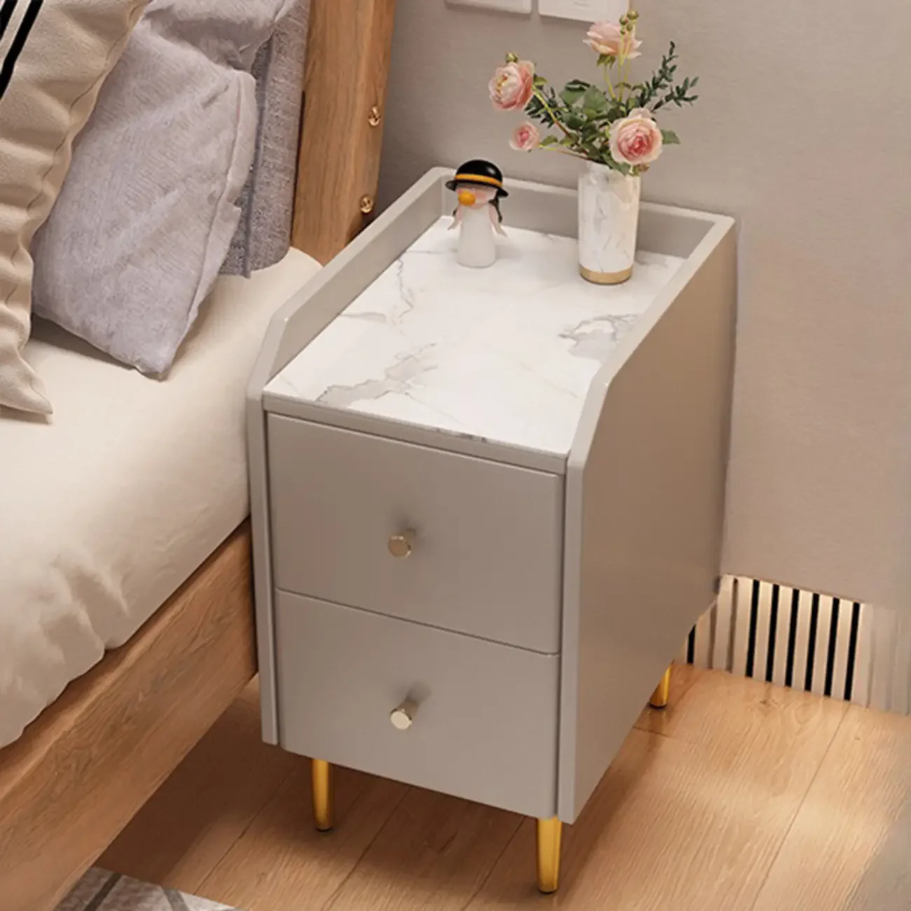 Narrow Faux Leather Drawer Nightstand with Stone Countertop