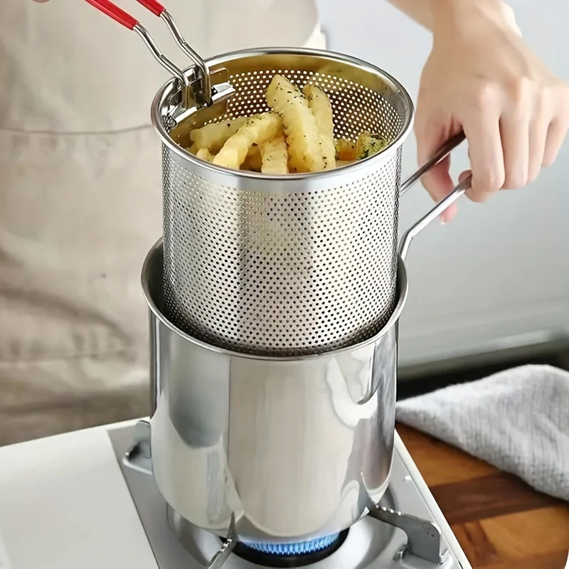 1pc Japanese-Style Mini Deep Fryer Pot - 304 Stainless Steel Gas Frying Pot with Filter Net for Tempura Oil Saving - Compact Space-Saving Design for Household Kitchen - Deanwangkt