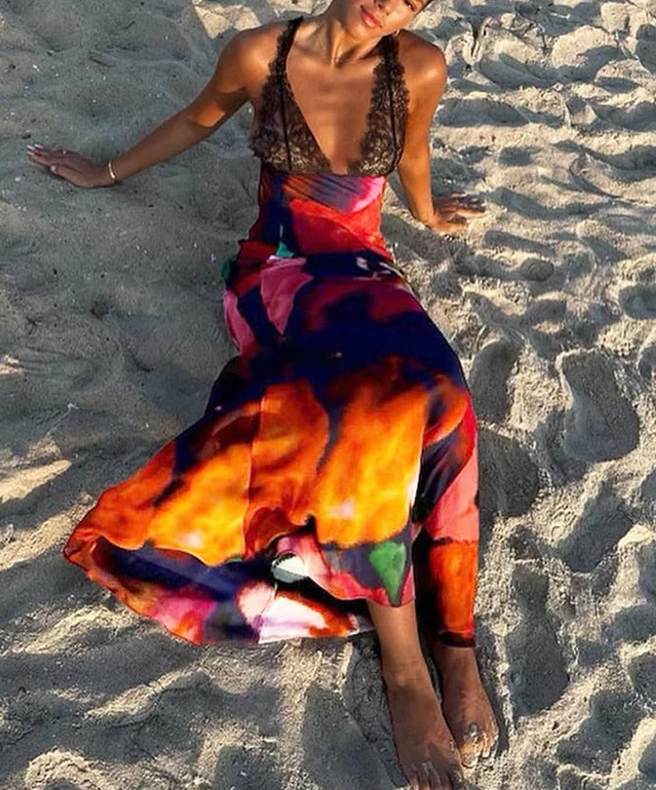 Hulianfu Elegant Tie Dye Floral Chiffon Dress For Women 2026  Summer Sexy Bandage Backless Lace Long Dresses Female Beach Evening Robe - Deanwangkt
