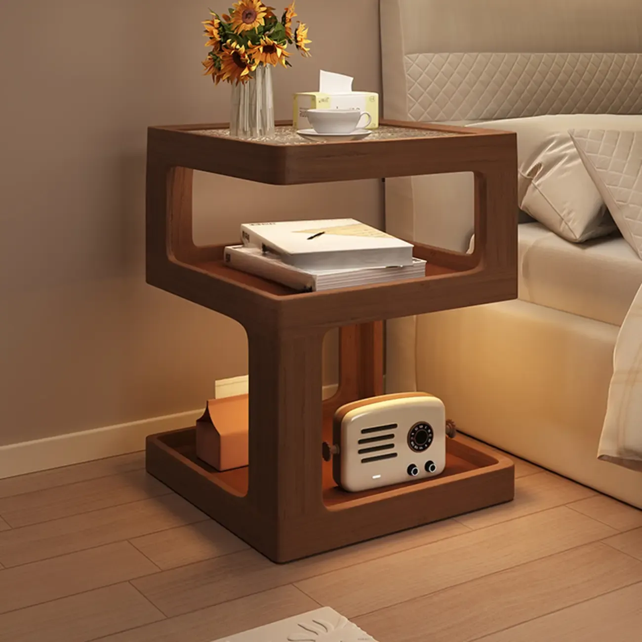 Cubic Glass Top Rubberwood Open Storage Nightstand with Light