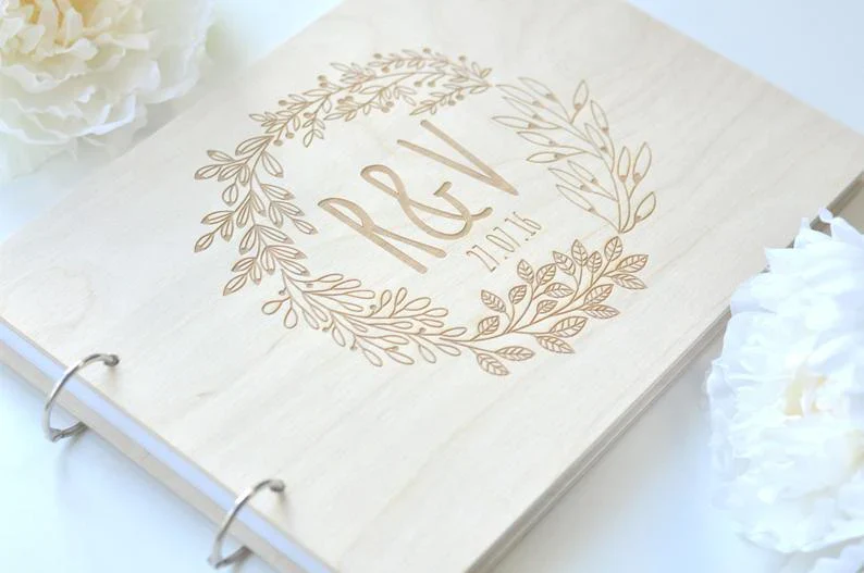 HULIANFU Personalized GuestBook wreath, garden wedding Engraved Wooden Guest Book, floral wedding decor - Deanwangkt