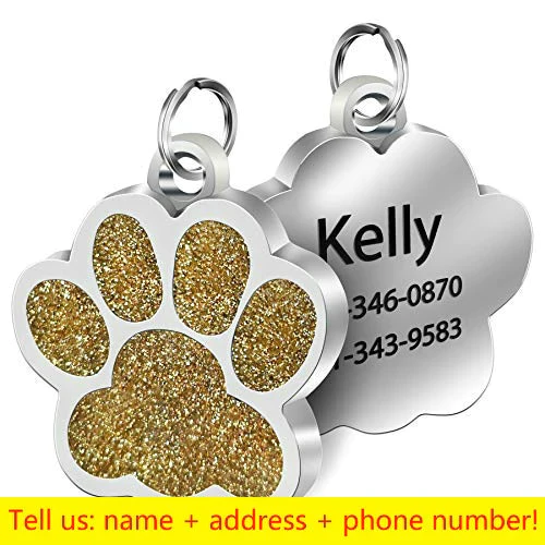 HULIANFU Personalized Dog Cat Tags Engraved Cat Dog Puppy Pet ID Name Collar Tag Pendant Pet Accessories Paw Glitter Pendant - Deanwangkt