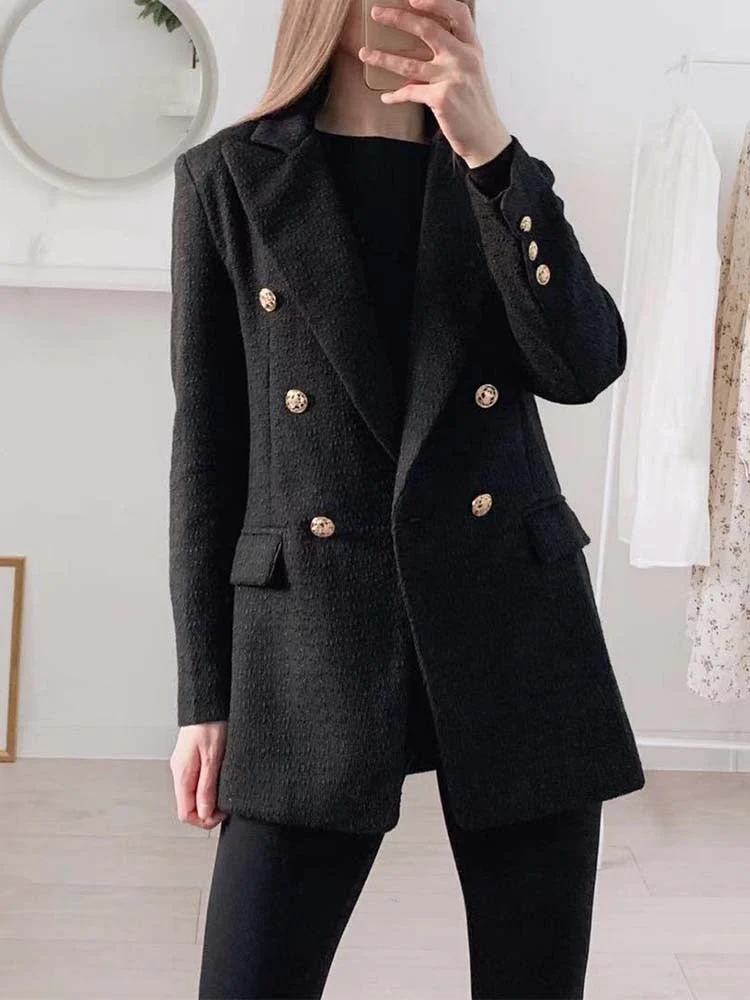 Hulianfu Blazer Women Traf Fashion Metal Double Breasted Woollen Blazers Coat Vintage Long Sleeve Female Outerwear Chic Tops - Deanwangkt