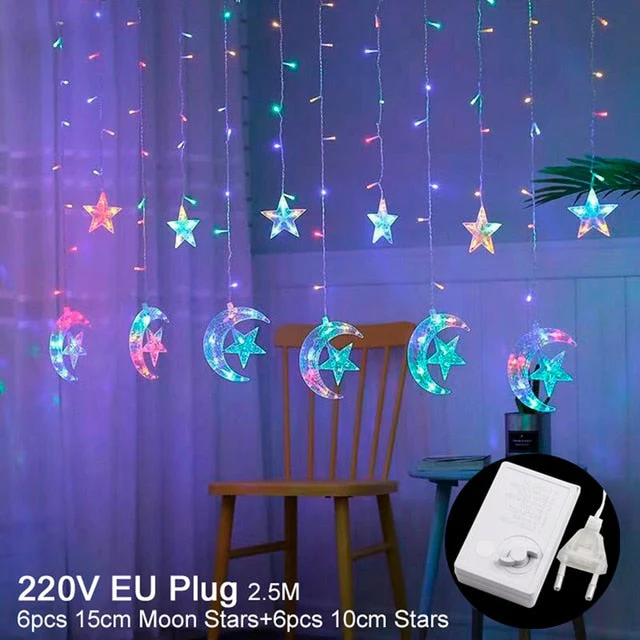 HULIANFU Star Moon Led Curtain Garland String Light Eid Mubarak Ramadan Decoration Islam Muslim Party Decor Eid Al Adha Gift Eid Mubarak - Deanwangkt